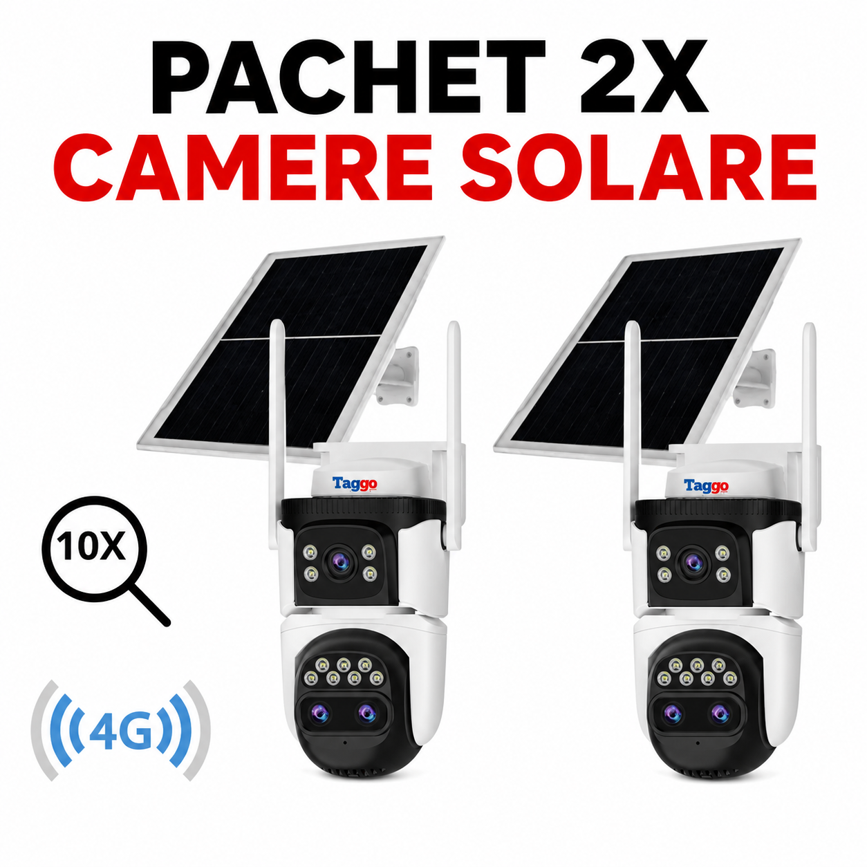 2x Camera cu panou solar 4G 9MP, Detectare umana, PTZ 360°, 3 Lentile, Zoom 10X