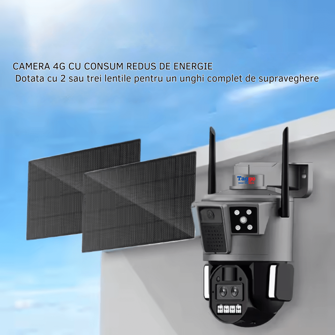 Camera de supraveghere solară 4G 4K Taggo.ro cu panou solar 30W și rezistență IP66, pentru supraveghere externă durabilă