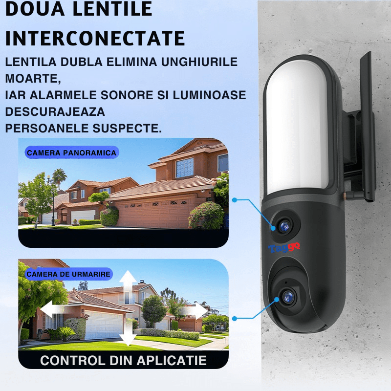 Camera de supraveghere WiFi Taggo.ro cu LED, 2 lentile și viziune nocturnă color, comunicare bidirecțională în imagini.
