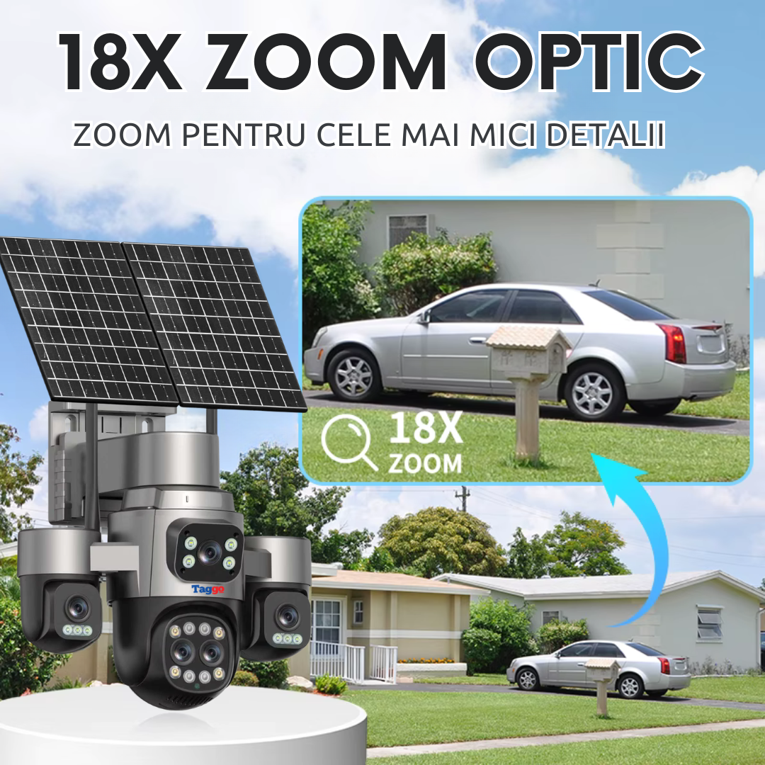 Camera de supraveghere 4G cu dublu panou solar 18X ZOOM, 20MP, 5 lentile, functie AOV, comunicare bidirectionala, detectie umana AI