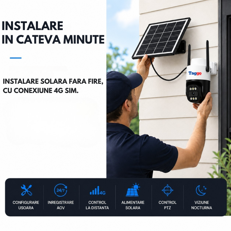 Cameră de supraveghere Taggo P60 4G cu panou solar 10W, rezoluție 5MP, funcție PTZ și design durabil pentru exterior