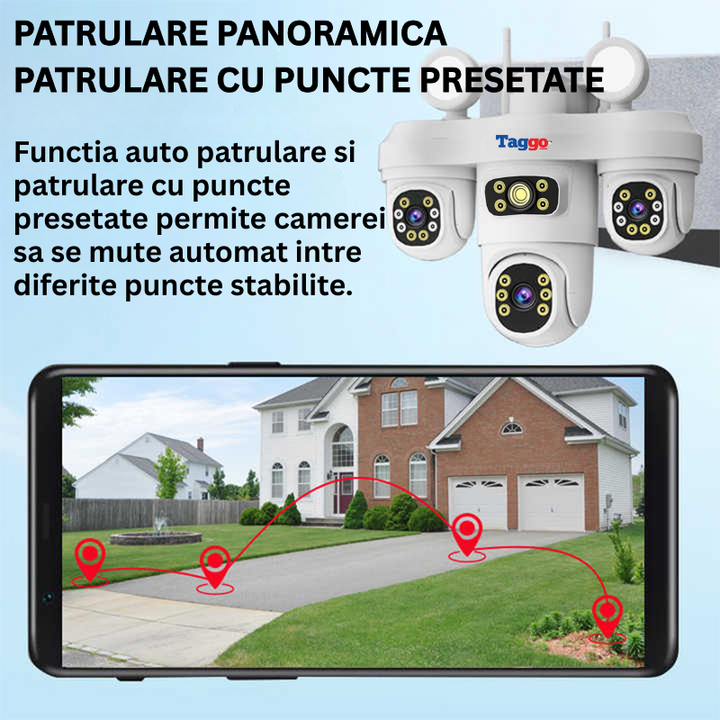 Camera Supraveghere WiFi cu 3 Lentile, 12MP, Viziune Color Noaptea, IP65, Audio Bidirectional, Urmarire Automata - Taggo.ro