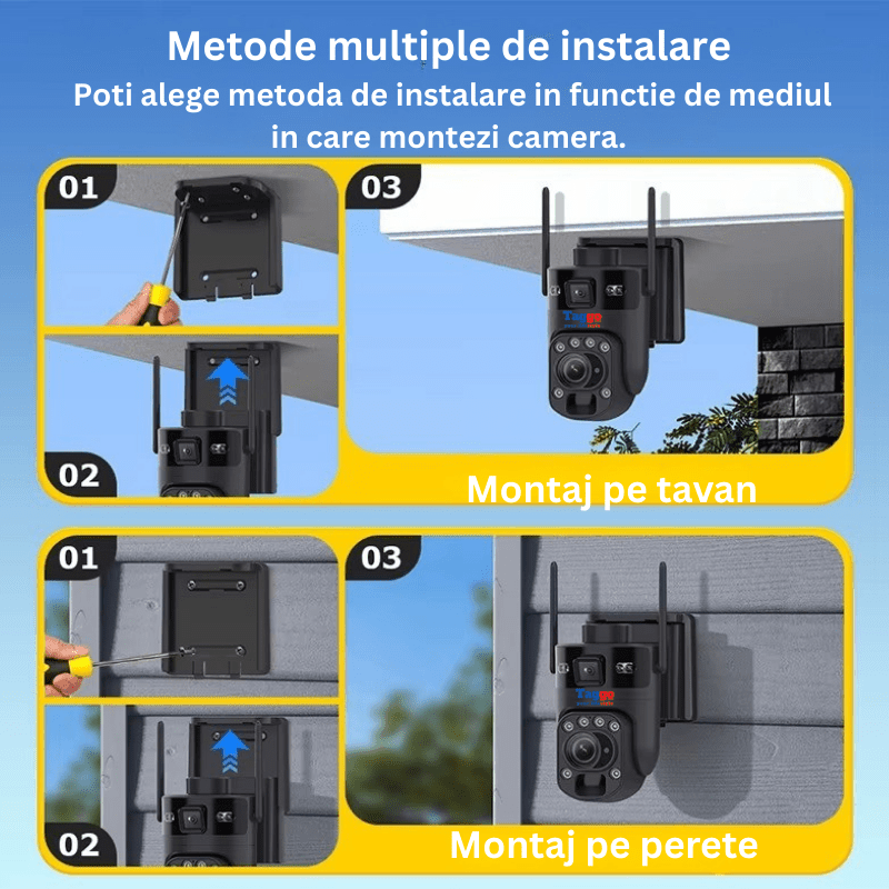 Camera de supraveghere WiFi Solara, 8MP 4K, zoom 99X, viziune nocturnă color, control din aplicație, neagră, cu două lentile.