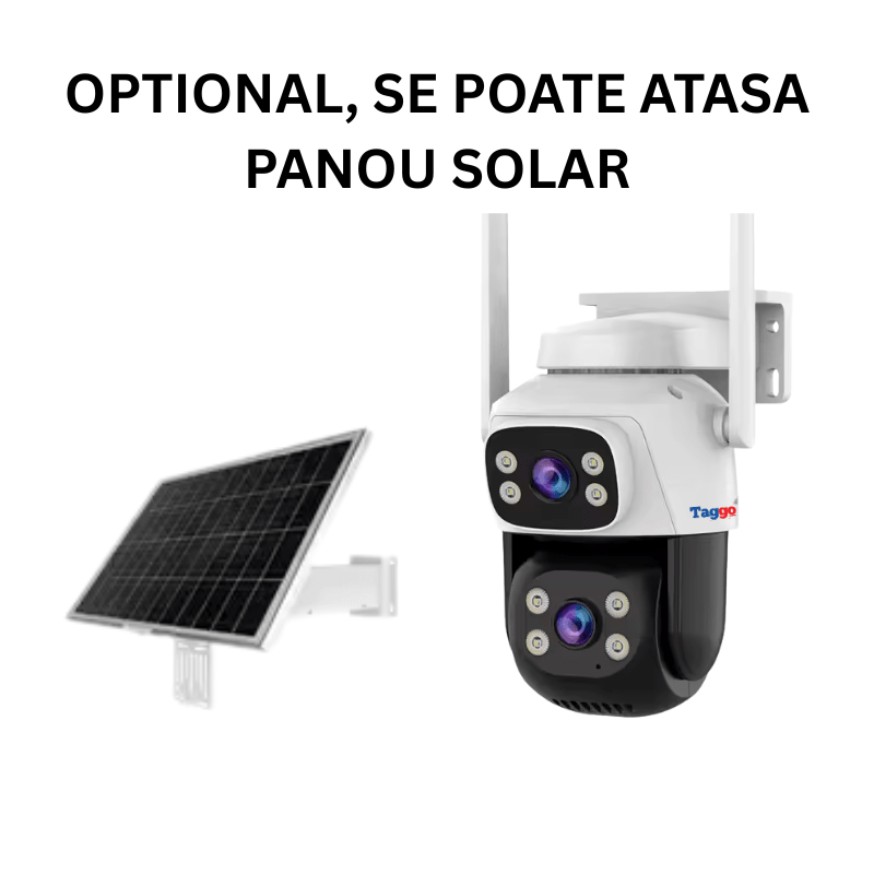 Camera de supraveghere WiFi VSTARCAM cu două lentile HD 6 MP, vedere nocturnă, IP66, audio bidirecțional și detecție mișcare.