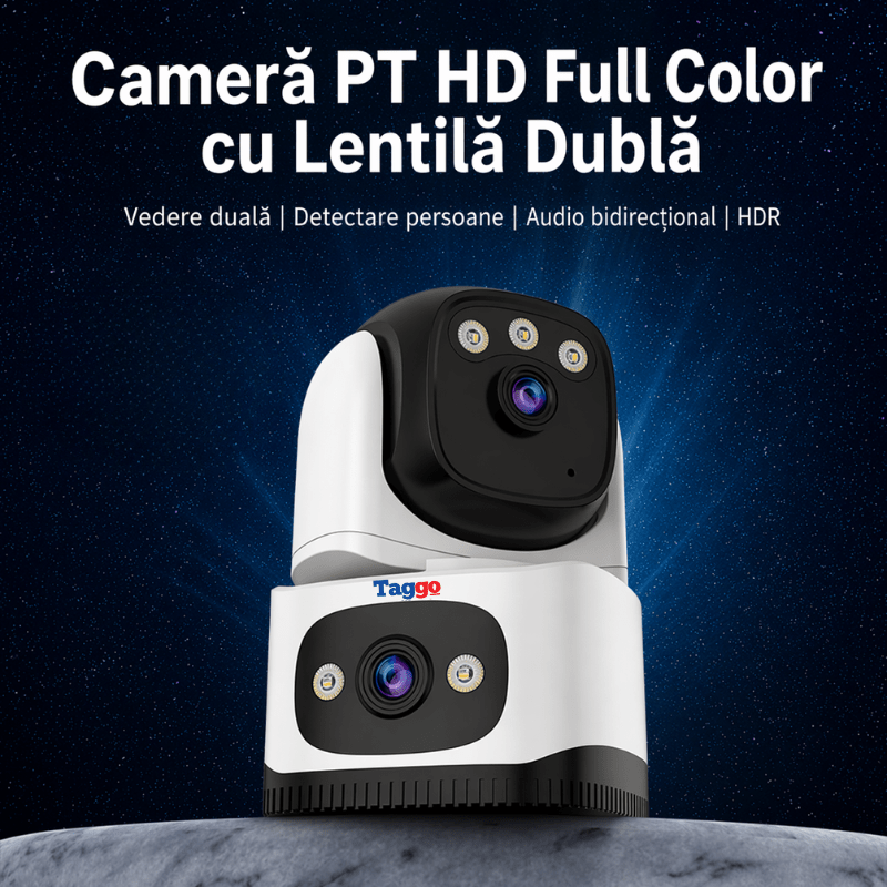 Camera supraveghere interior Taggo cu WiFi, 2 lentile, rezoluție 6MP, detectare persoane și vedere nocturnă.