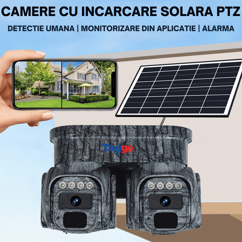 Camera de supraveghere Taggo.ro cu panou solar, 8MP, lentile 360°, detectie dublă și comunicare bidirecțională.