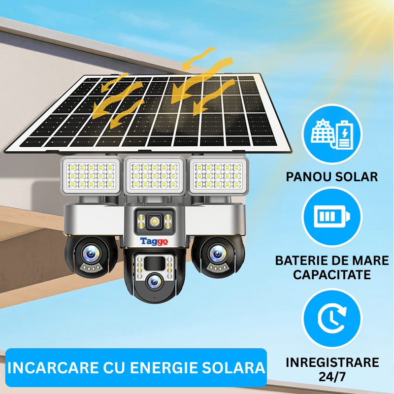 Camera de supraveghere Taggo.ro cu panou solar, 12MP, vedere nocturnă, detectie mișcare, rezistent la intemperii și conexiune 4G.