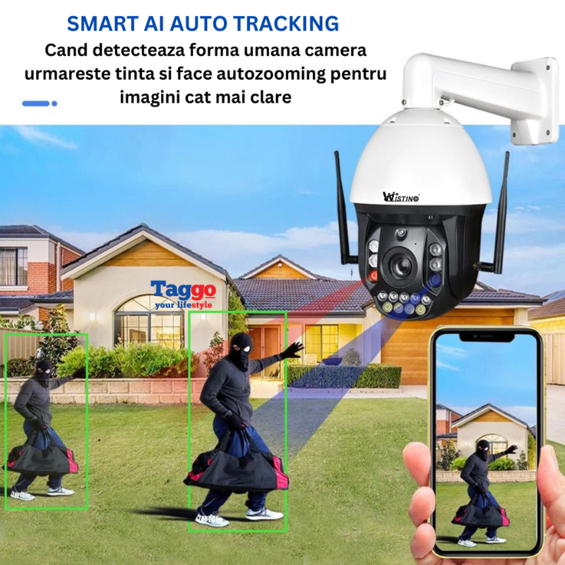 Camera supraveghere 4G 4K Ultra HD, zoom 99X, rotire 360°, rezistentă la apă IP66, control din aplicație, de la Taggo.ro
