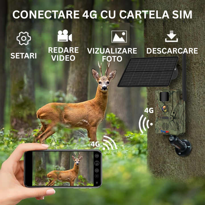 Camera Supraveghere Solara 4G cu GPS, 16MP Foto, 4MP Video, Panou Solar 4W, Baterie 7800mAh, Detectie Miscarе, Audio Bidirectional, IP65 - Taggo.ro