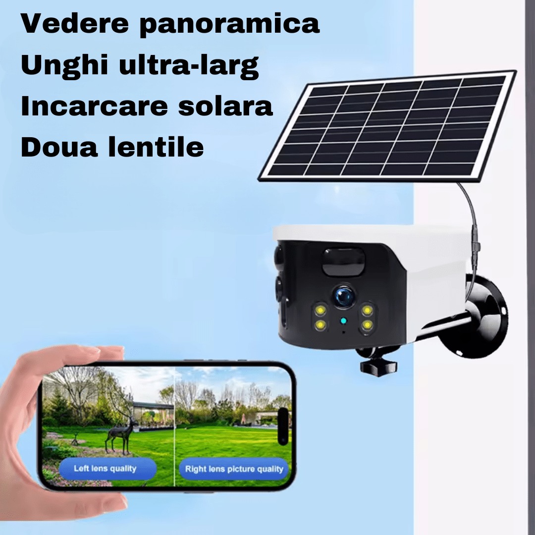 Camera supraveghere 4G Taggo.ro, 4K, 8MP, lentile duale, incarcare solară, vedere panoramică, control app, IP65.