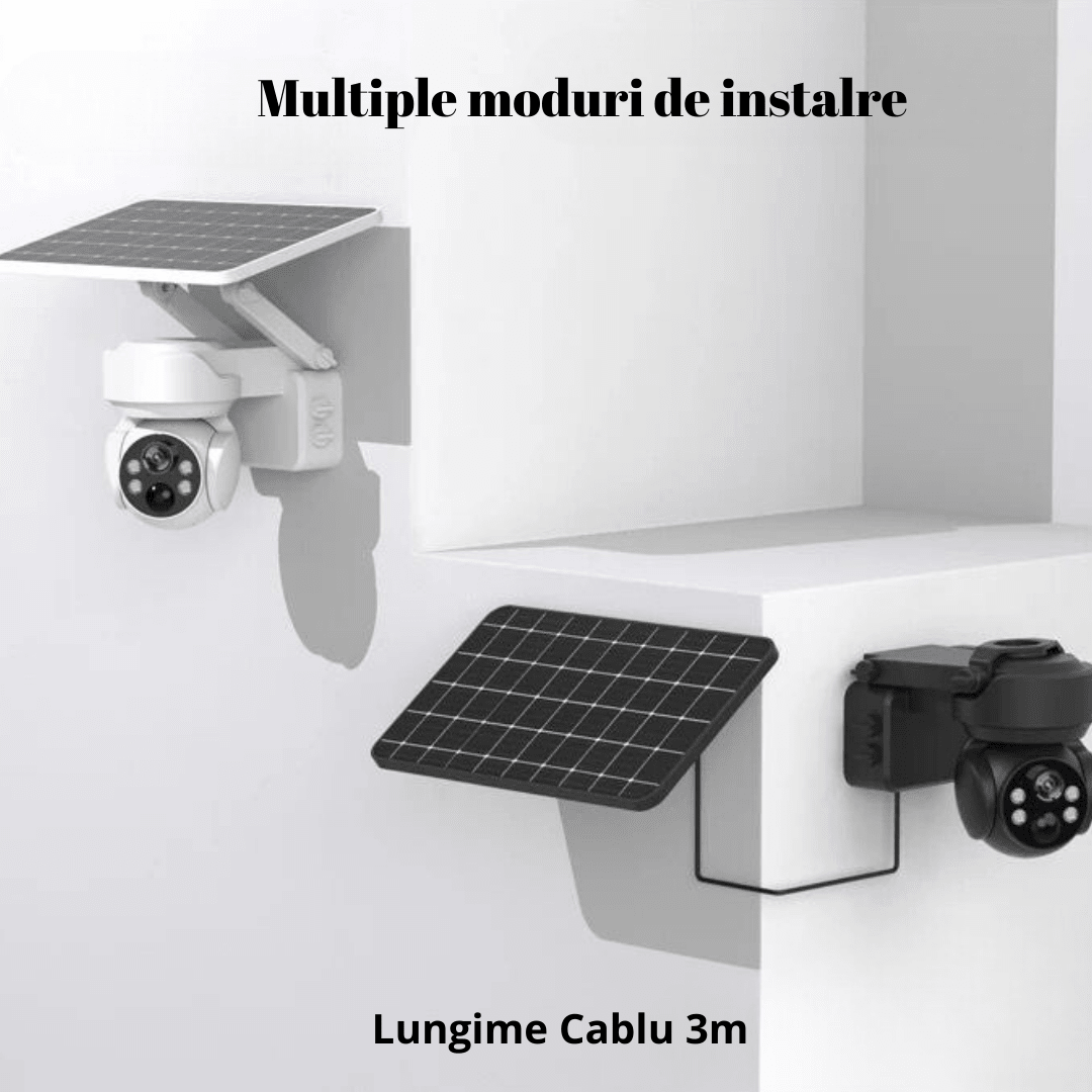 Camera de supraveghere solară 4G Taggo.ro, 5MP, cu panou solar, control din aplicație și rezistență la apă, pentru securitate.