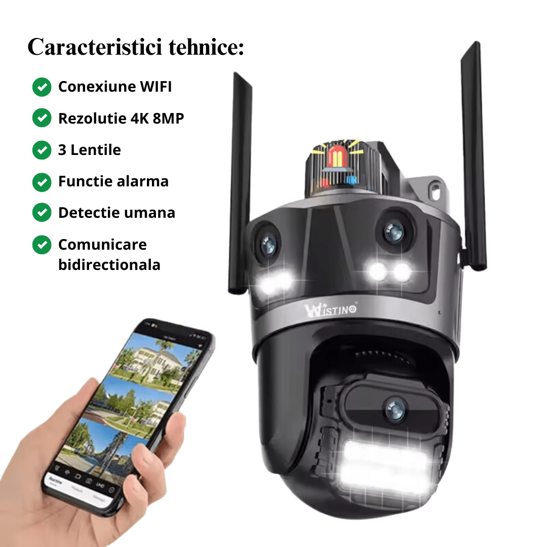 Camera de supraveghere WIFI 4K 8MP Taggo cu 3 lentile, control din aplicație, rezistentă la apă și cu alarmă.
