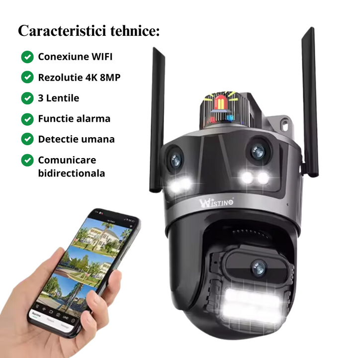 Camera de supraveghere WIFI 4K 8MP, 3 lentile, Control din aplicatie, Rezistenta la apa, Alarma - Taggo.ro