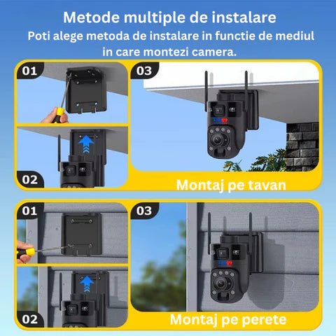 Camera supraveghere WiFi 4K Ultra HD cu zoom optic 99X, rotire PTZ, vedere nocturnă color și detectie AI, dual screen.