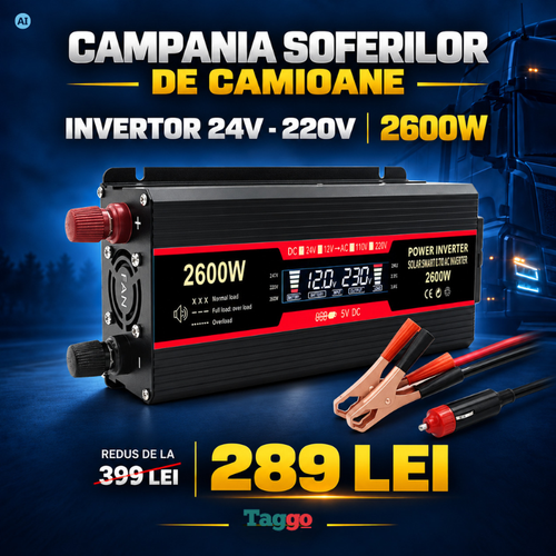 Invertor 24v 220v 2600w Unda modificata cu Display, 1 Iesire AC Protectie Scurtcircuit 2 USB, Adaptor Auto Inclus