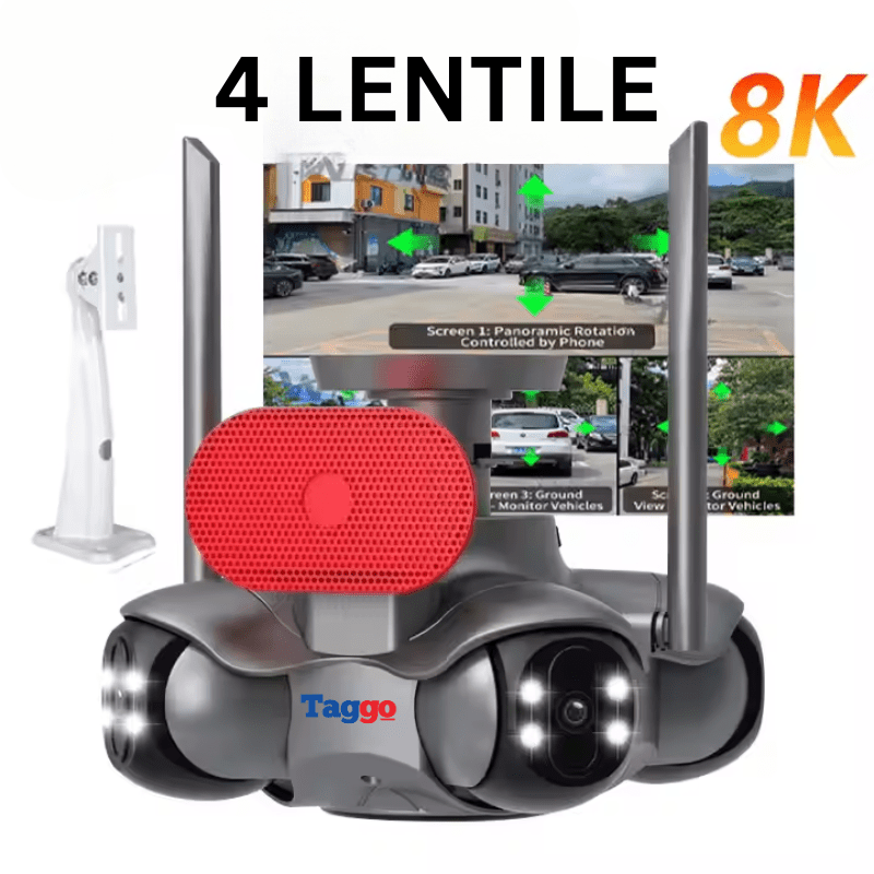 Camera de supraveghere WiFi 8K Taggo cu 4 lentile PTZ, detectie miscare, alarmă sonoră și comunicație bidirecțională IP66.