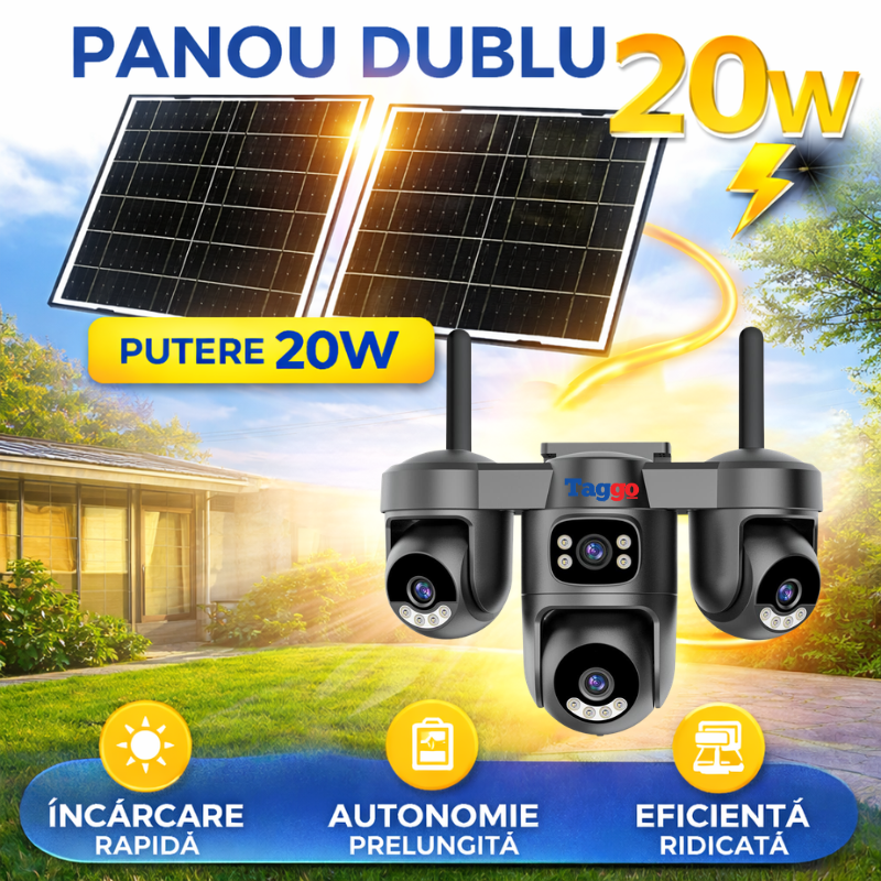 Camera de supraveghere 4G Taggo.ro cu dublu panou solar, 12MP, 4 lentile, detectie umană AI și funcție AOV.