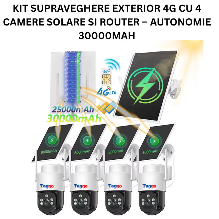 Kit Complet Supraveghere Solara 4G – 4 Camere PTZ + Router Wi-Fi cu Autonomie 30000mAh, Detectie Miscare, Audio Bidirectional, Protectie IP66 - Taggo.ro