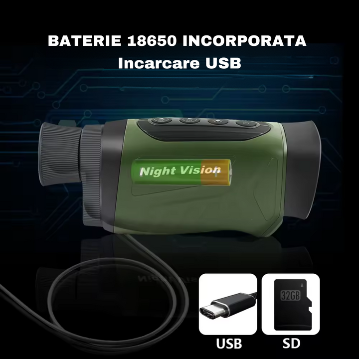 Monocular Digital Profesional cu Night Vision de Vanatoare 4K, Zoom 8X, Ecran LCD, Acumulator, Verde - Taggo.ro