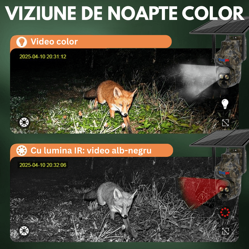 Camera de vânătoare camouflage Taggo.ro cu rezoluție 6MP, zoom 12x, conectivitate 4G și control din aplicație.