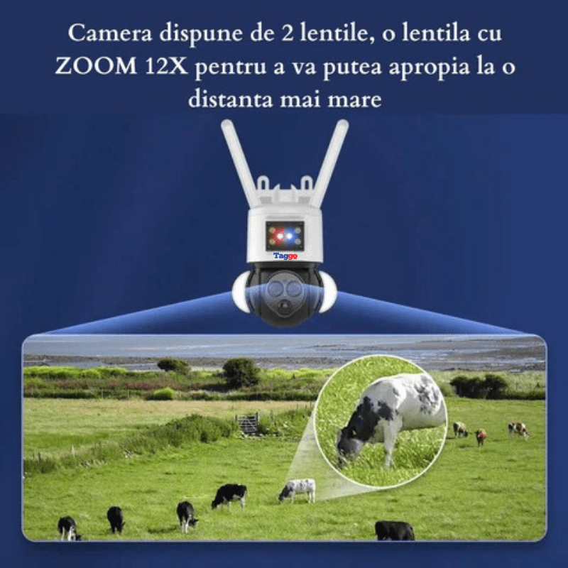 Camera de supraveghere Taggo 4G 4K cu zoom 12x, incarcare solară, rotire din aplicație, rezistentă la apă IP66, FullHD.