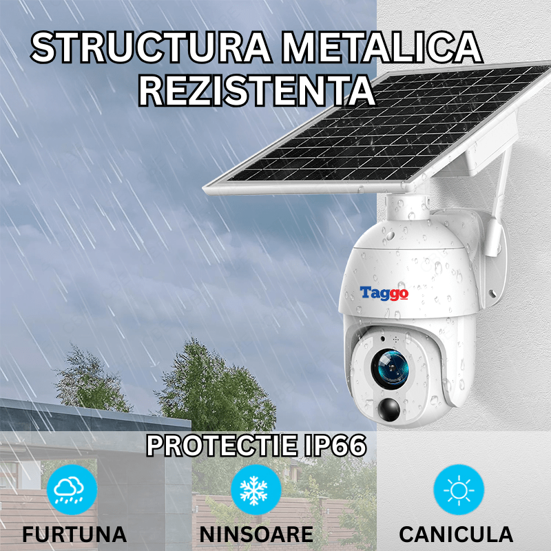 Cameră de supraveghere WiFi Taggo cu panou solar, 8MP, zoom optic 20x, structură metalică, protecție IP66 și comunicare bidirecțională