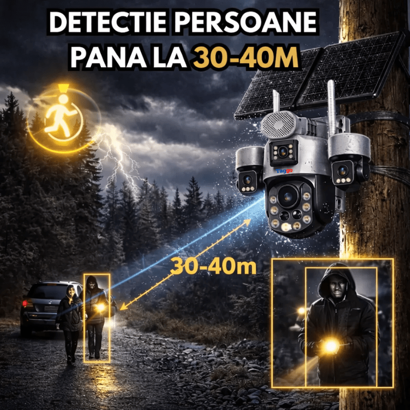 Camere Supraveghere, Panou Solar Dublu, 4K, 4G ZOOM OPTIC 99X,Vedere Full Color, Inregistarare AOV - Taggo.ro