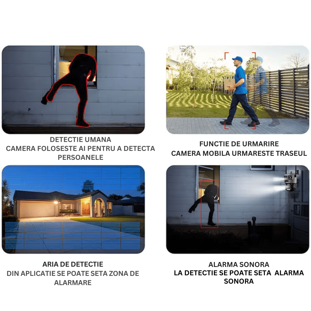 Camera de supraveghere solară Taggo 4G, rezistență IP66, zoom 10X, vizionare nocturnă, panou solar 14W, imagine clară.