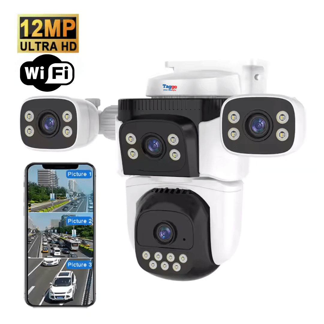 Camera supraveghere WiFi Taggo cu 12MP, audio bidirectional, 4 lentile HD și vedere panoramică 360° și PTZ