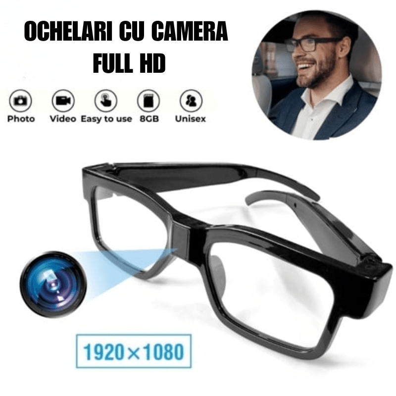 Ochelari cu camera ascunsă Taggo, rezoluție Full HD, vizionare nocturnă, cu husă inclusă, pentru înregistrare discretă.
