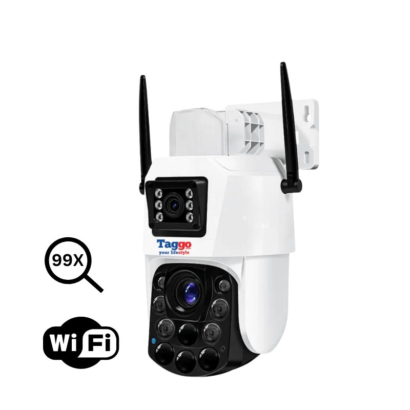 Camera de supraveghere WIFI 4K Taggo.ro cu 2 lentile, zoom 100X, control din aplicație, detectie umană și rezistentă IP66