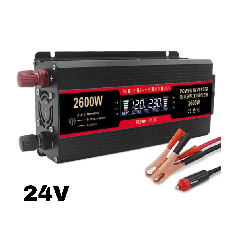 Invertor auto AutoBox 24V la 220V, 2600W, cu display, protecție scurtcircuit, două porturi USB și adaptor inclus.