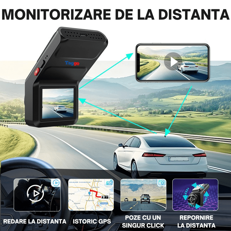 Camera auto 4G Taggo cu ecran LCD 4K, cameră spate 1K, GPS, viziune nocturnă și funcții ADAS și ABS.