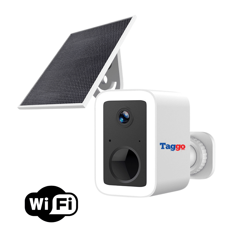 Camera de supraveghere Taggo cu panou solar, WiFi, 3 MP, AI tracking și baterie de 5200mAh, pentru monitorizare exterior.