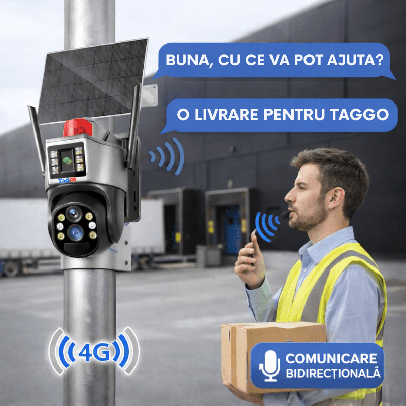 Camera de supraveghere Taggo.ro cu panou solar 4K, zoom 10X, detectie umană și control din aplicație, IP66, conectivitate 4G.