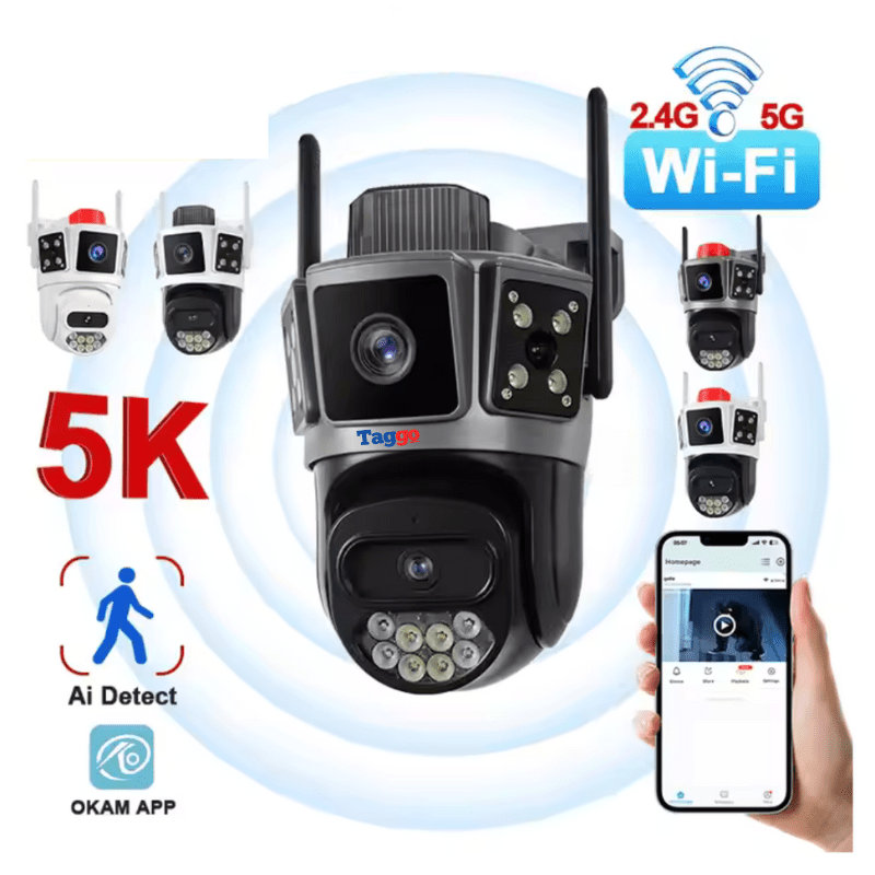 Camera de supraveghere WiFi 6K 10MP Taggo.ro cu 3 ecrane, urmărire automată, control aplicație și rezistență la apă, culoare completă.