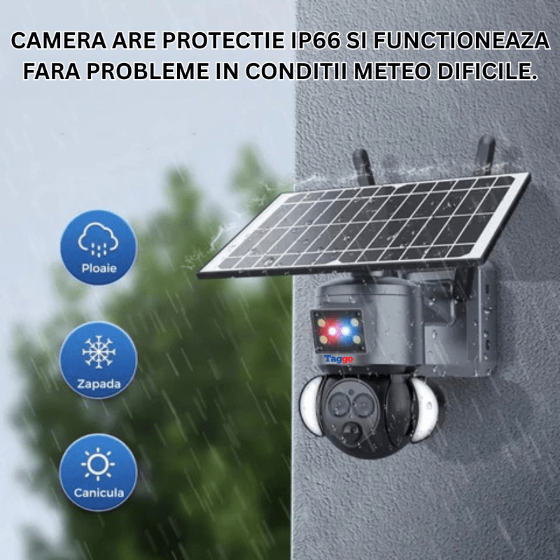 Camera supraveghere 4G 4K HD Taggo.ro cu lentilă duală, zoom 12x, incarcare solară, rotire din aplicație și rezistență IP66