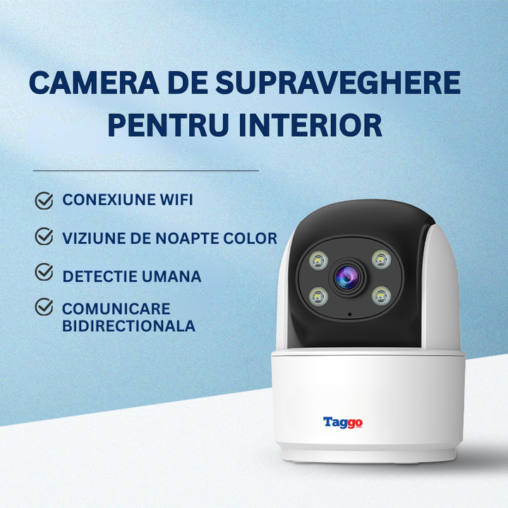 Camera de Supraveghere de Interior, 3MP, WiFi, Viziune Nocturna Color, Alarma Sonora si Luminoasa, Comunicare Bidirectionala - Taggo.ro