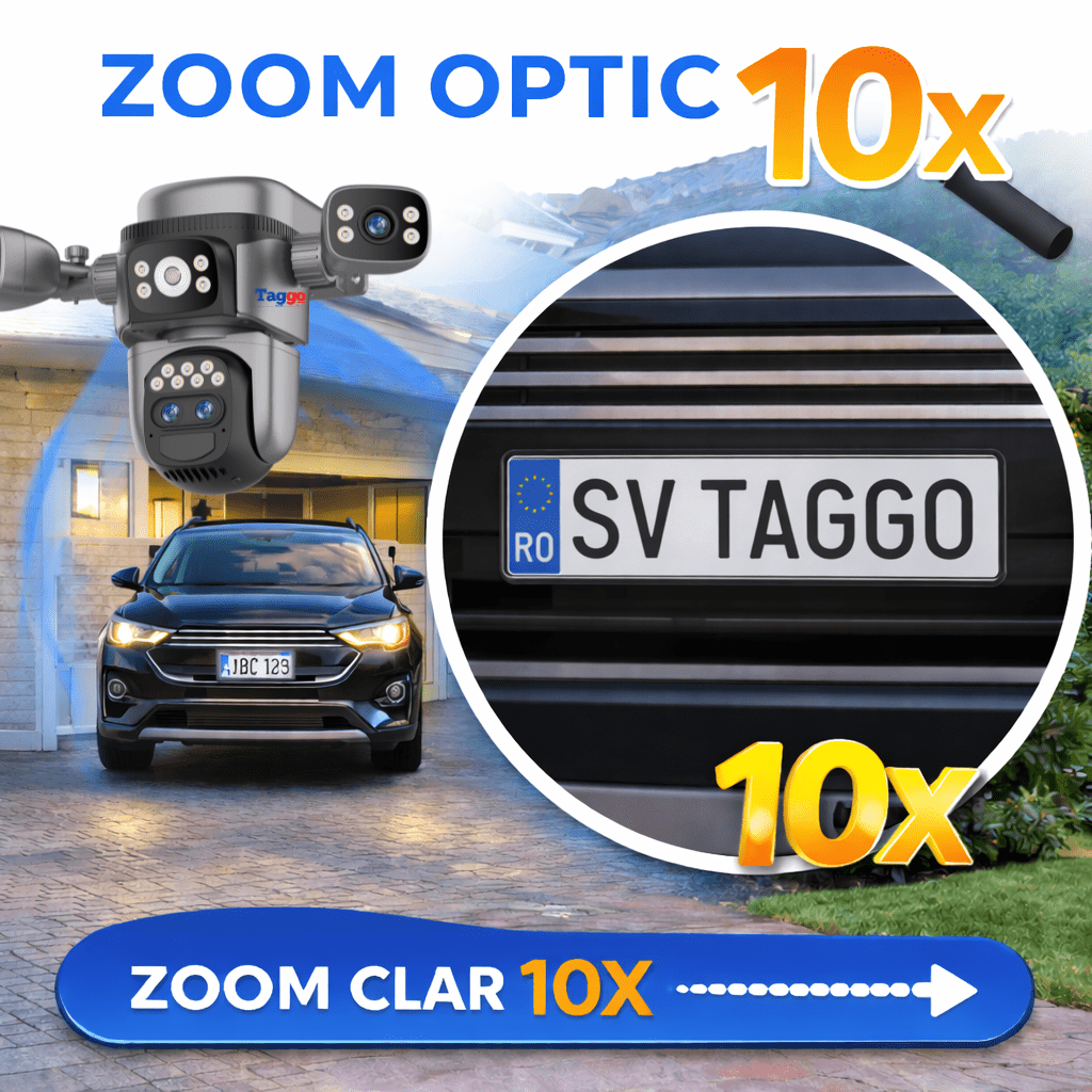 Camera de supraveghere WIFI 12MP Taggo cu panou solar, zoom 10x, viziune nocturnă, detectie PIR și rezistență la apă.