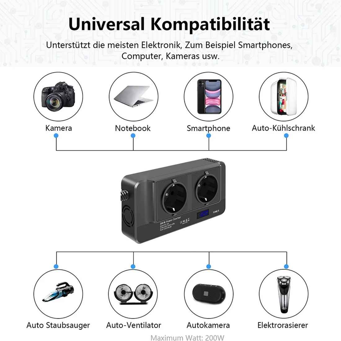 Invertor de tensiune Taggo 12V la priză auto la priză EU dublă 230V, 400W, 4 porturi USB, afișaj digital, suport PD