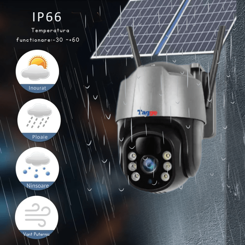 Camera de supraveghere solară exterior Taggo 5 MP, zoom 10X, Full HD, panou solar dublu 10W, rezistentă la apă IP66, card 64GB