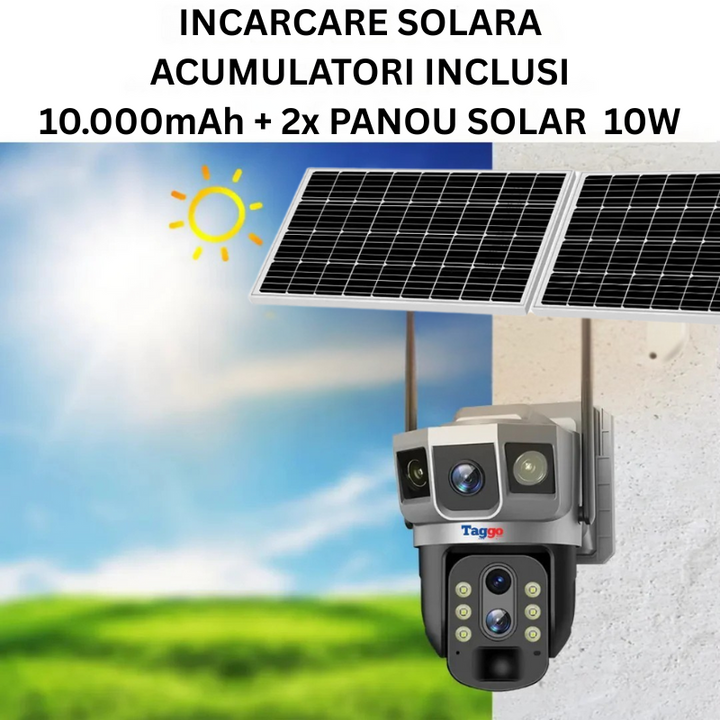Camera Supraveghere Solara 4G 4K Ultra HD, Zoom 10X, Panou 10W, Rotire Din Aplicatie, Rezistenta La Apa IP 66 - Taggo.ro