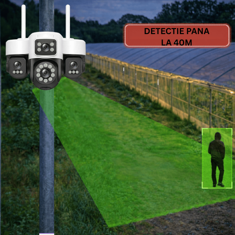 Camera de Supraveghere Cu 4 lentile, 16MP, Conexiune WIFI, Night Vision Full Color si Detectie Miscare, IP66 - Taggo.ro