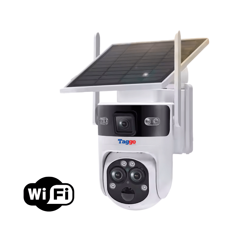 Camera de supraveghere Taggo cu WiFi, rezoluție 6MP, zoom 15X, incarcare solară, vedere pe timp de noapte, 3 lentile pentru exterior.