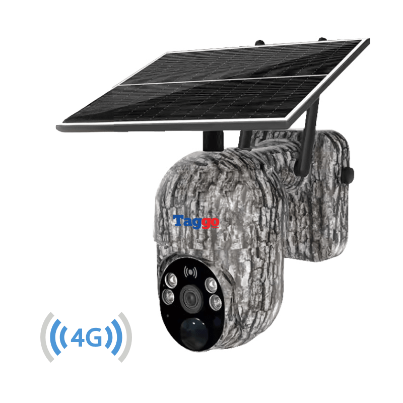 Camera de supraveghere Taggo.ro, camuflaj, 4G, 4MP, detectare animale, comunicare bidirecțională și alarmă.