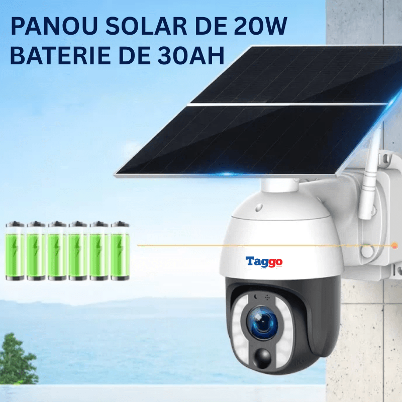 Camera de supraveghere Taggo.ro cu panou solar, 8MP, WiFi, zoom optic 20X și comunicare bidirecțională, imagine cu cameră montată.