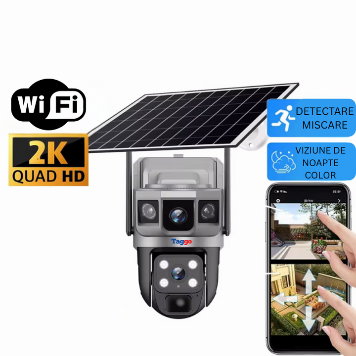 Camera de Supraveghere Solara WIFI, 2K, 3 Ecrane, Zoom 10X, Full HD, Panou Solar 10W Rezistenta La Apa IP 66 - Taggo.ro