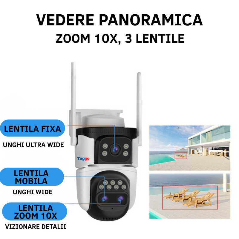Camera de supraveghere WIFI VSTARCAM cu 3 lentile, 6K, zoom automat 10x, notificări și control din aplicație, urmărire automată