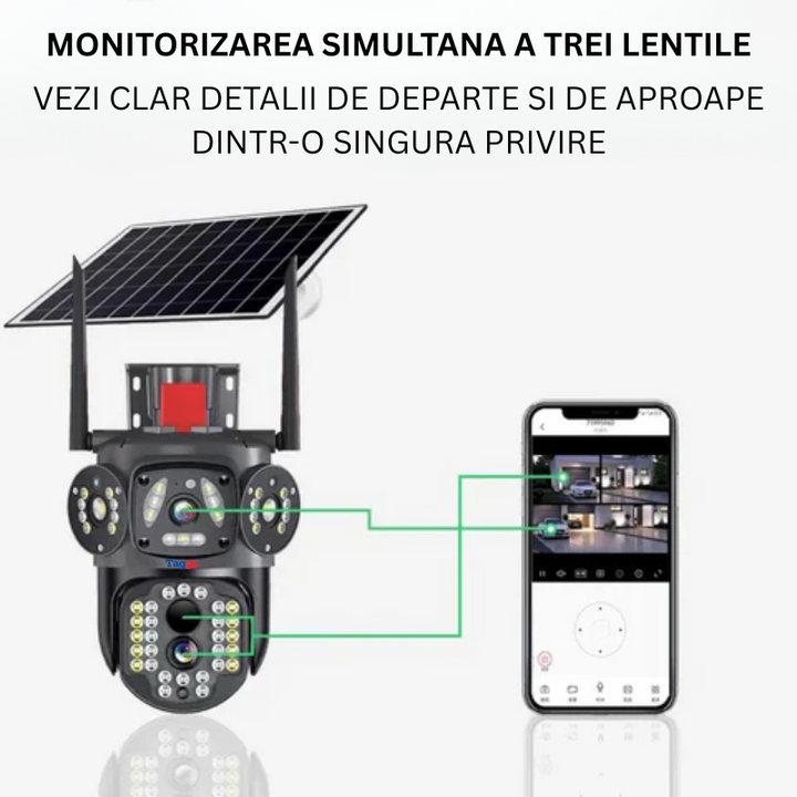 Camera Supraveghere 12MP 4G cu panou solar 10W, Multi-Lentile 3x4MP, Zoom optic 10X, 12xLED IR + 12xLED Alb, IP66 - Taggo.ro