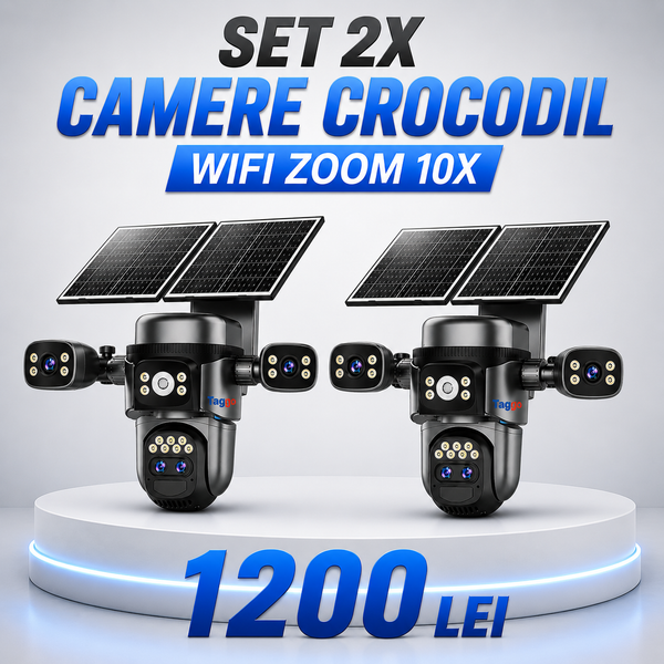 Set 2x Camere Crocodil, Panou Solar Dublu, 4G, Zoom 10x, AOV
